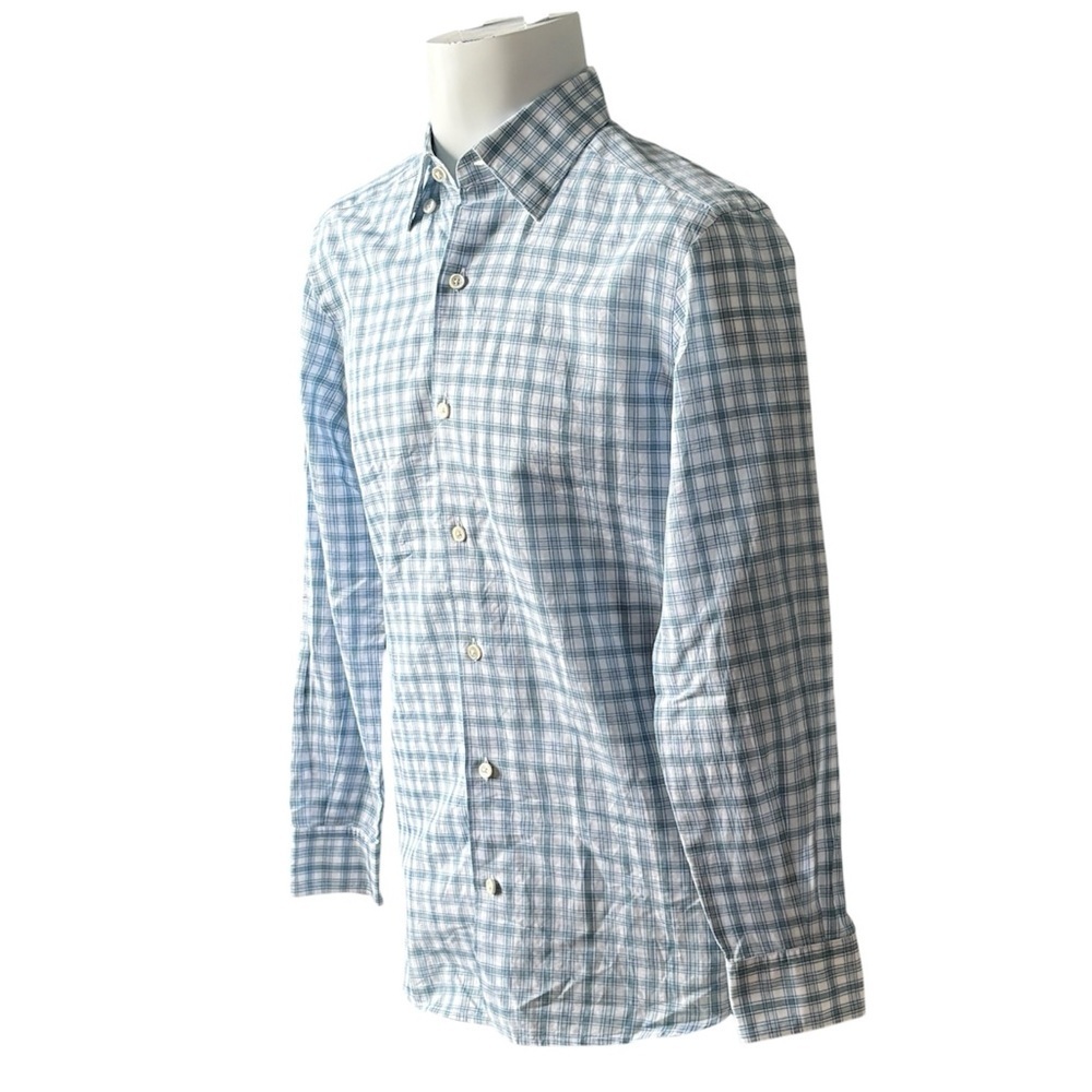Ermenegildo Zegna Cotton Linen Check Shirt Blue White Small 14.5